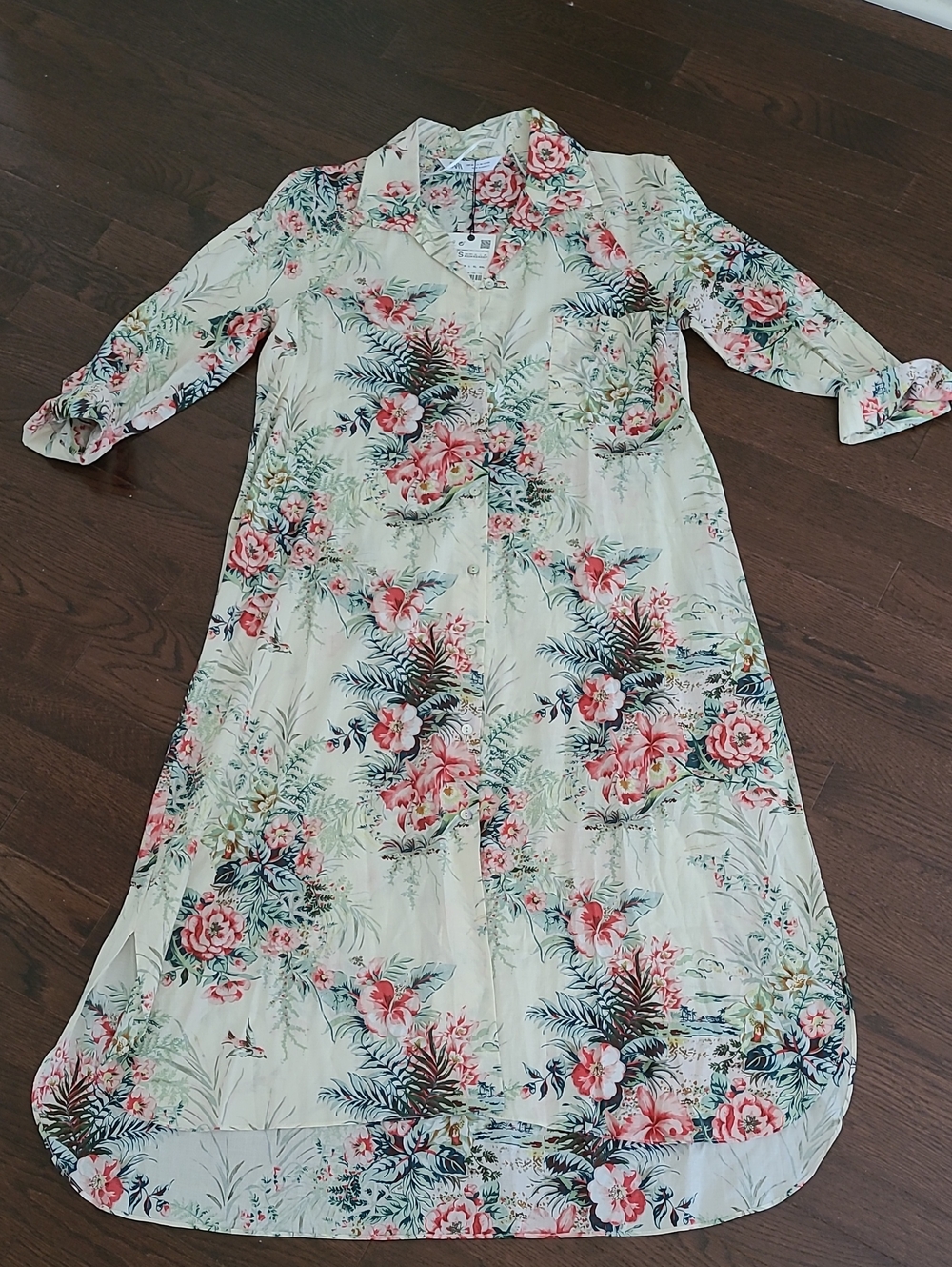 Zara Cream Maxi Tunic with Pink & Green Floral Print Size XS